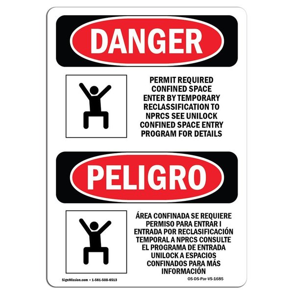 Signmission OSHA Sign, Permit Required Confined Space Bilingual, 5in X 3.5in, 10PK, 3.5" W, 5" H, Spanish, PK10 OS-DS-D-35-VS-1685-10PK